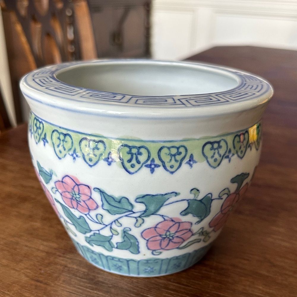 Vintage Chinese Blue & Pink Polychrome Ceramic Flower Pot Planter Jardinare 6"
